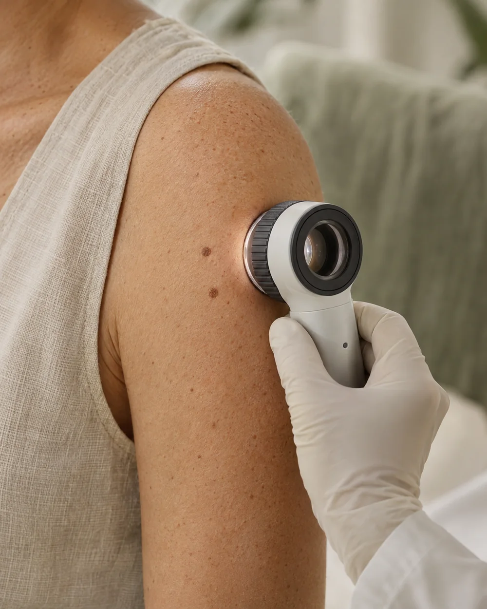Dermatoskop bei der Untersuchung eines Muttermals